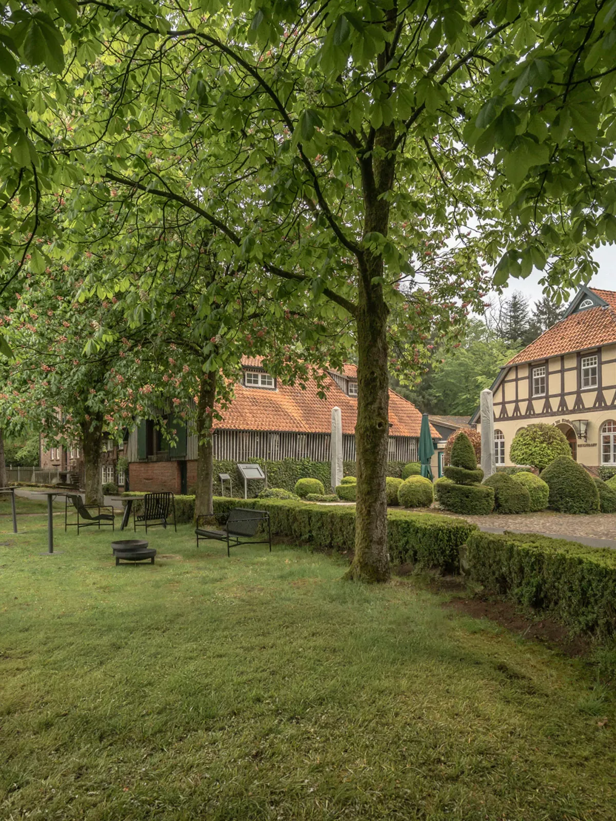 Gr&uuml;ne Parkanlage mit alten B&auml;umen, Rasenfl&auml;che und historischem Fachwerkhaus im Hintergrund.