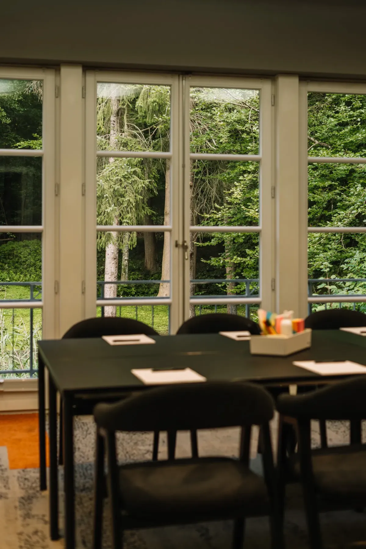 Moderner Seminarraum mit schwarzem Tisch und St&uuml;hlen, gro&szlig;e Fenster mit Blick auf gr&uuml;nen Garten und Wiese.