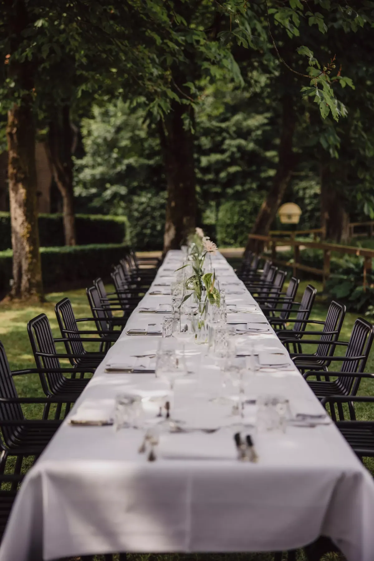 Lange festlich gedeckte Tafel unter hohen B&auml;umen mit wei&szlig;er Tischdecke, Gedeck und gr&uuml;nen Blumenarrangements, flaniert von schwarzen St&uuml;hlen.